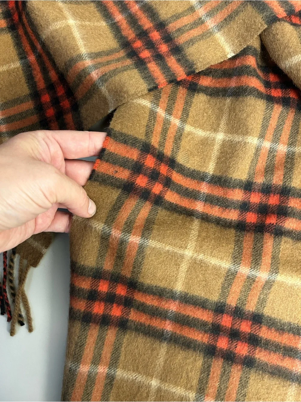 Burberry Camel Plaid Cashmere Scarf with Red and Black Accents